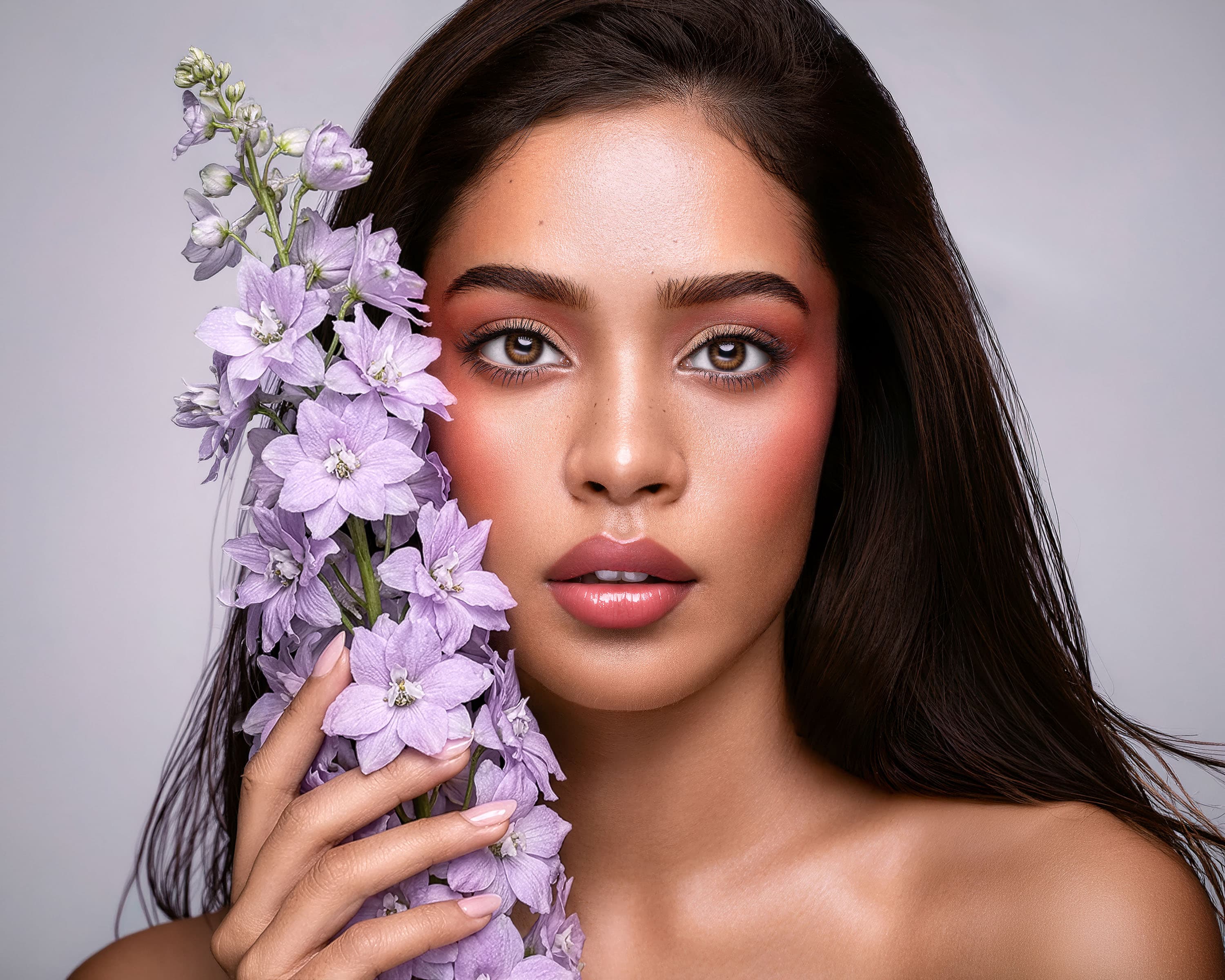 Day 2 portrait with purple delphinium flowers